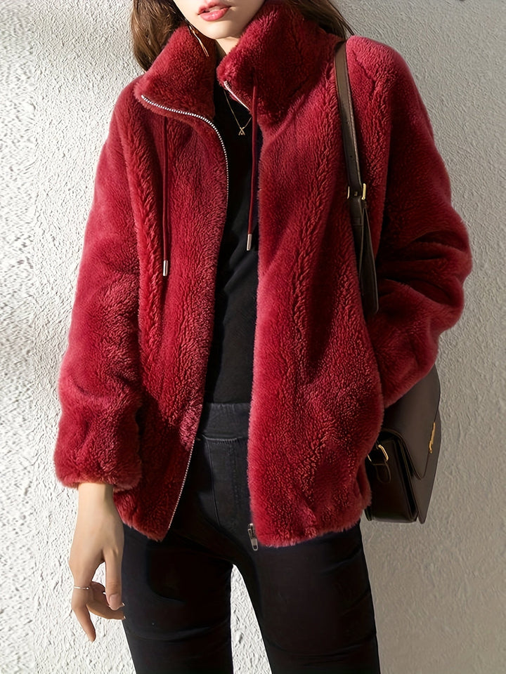Women Plush Fleece Zip Up Jacket Stand Collar