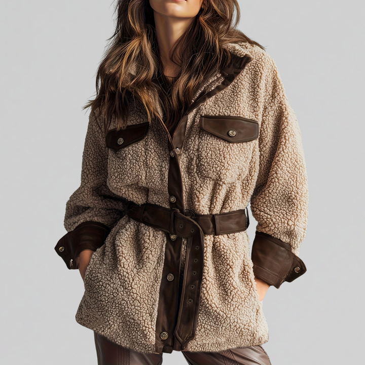 Womens Belted Teddy Fleece Jacket with Leather Trim
