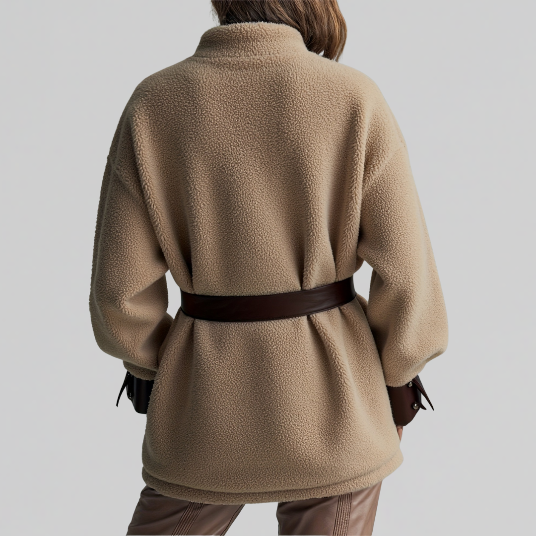 Womens Belted Teddy Fleece Jacket with Leather Trim