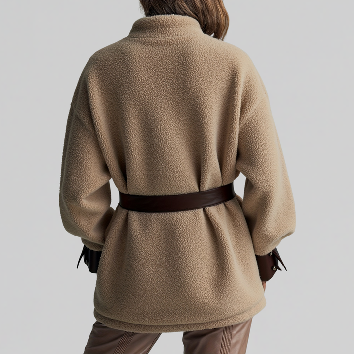Womens Belted Teddy Fleece Jacket with Leather Trim