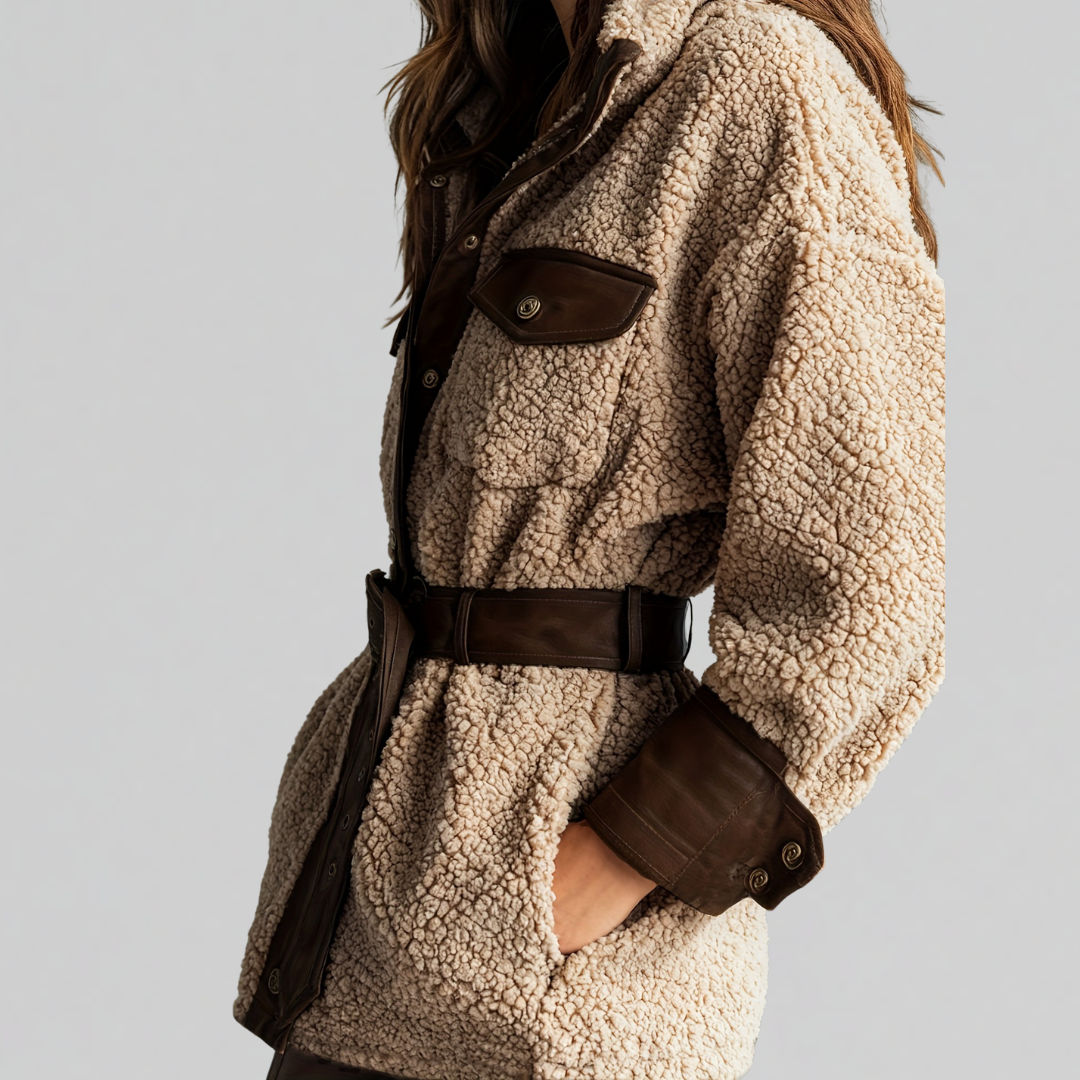Womens Belted Teddy Fleece Jacket with Leather Trim