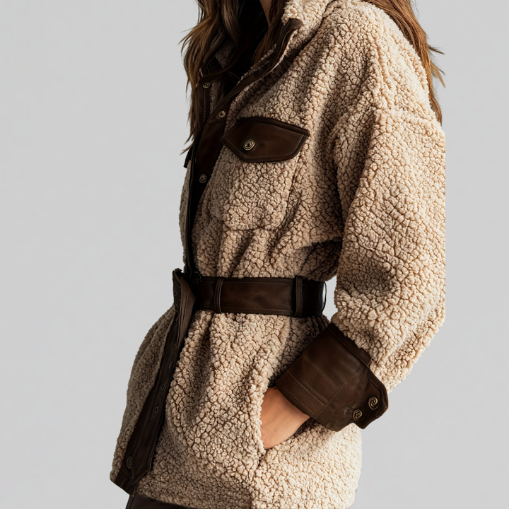 Womens Belted Teddy Fleece Jacket with Leather Trim
