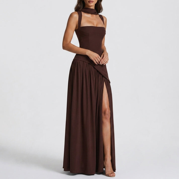 Satin Draped Maxi Dress Women Formal Side Slit Gown