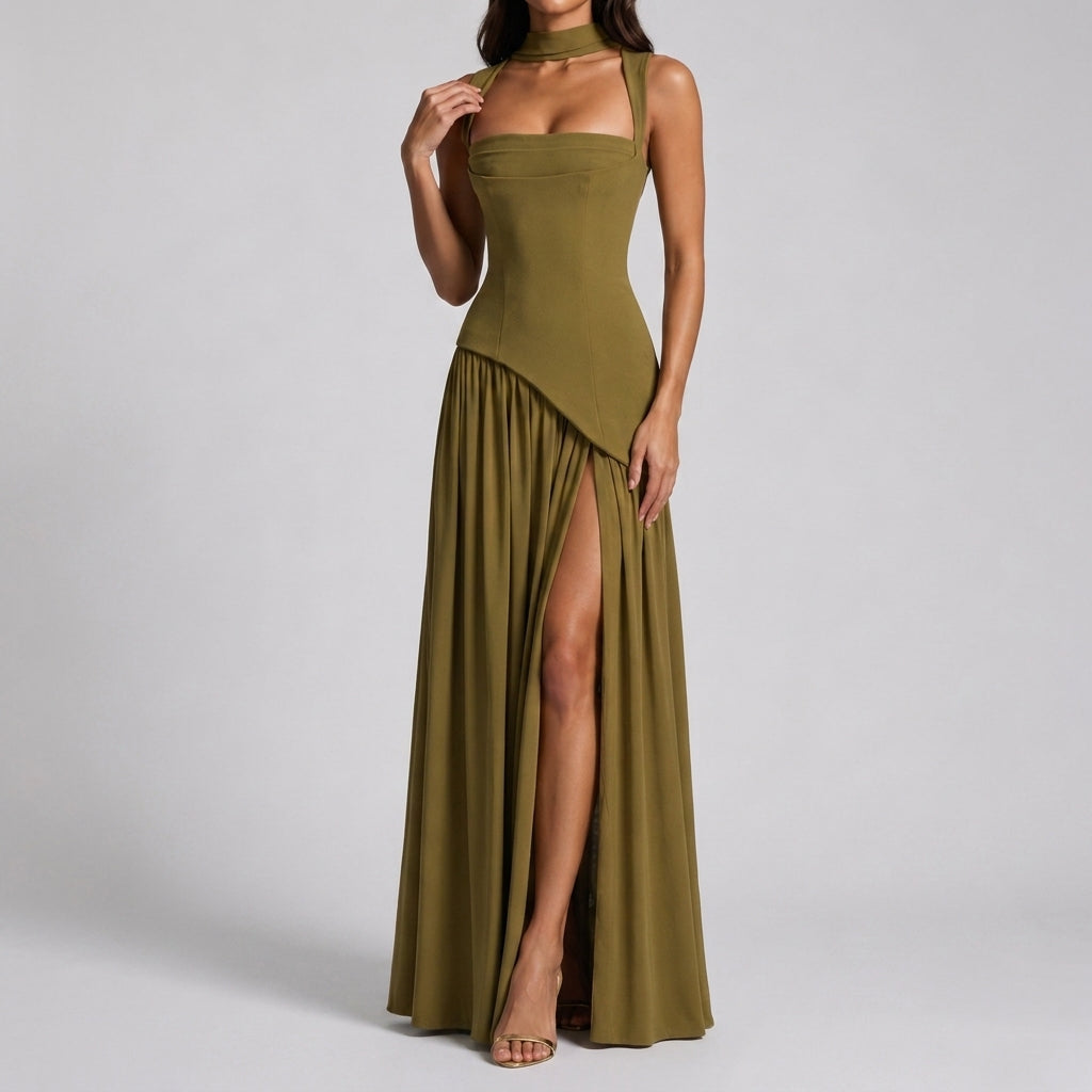 Satin Draped Maxi Dress Women Formal Side Slit Gown