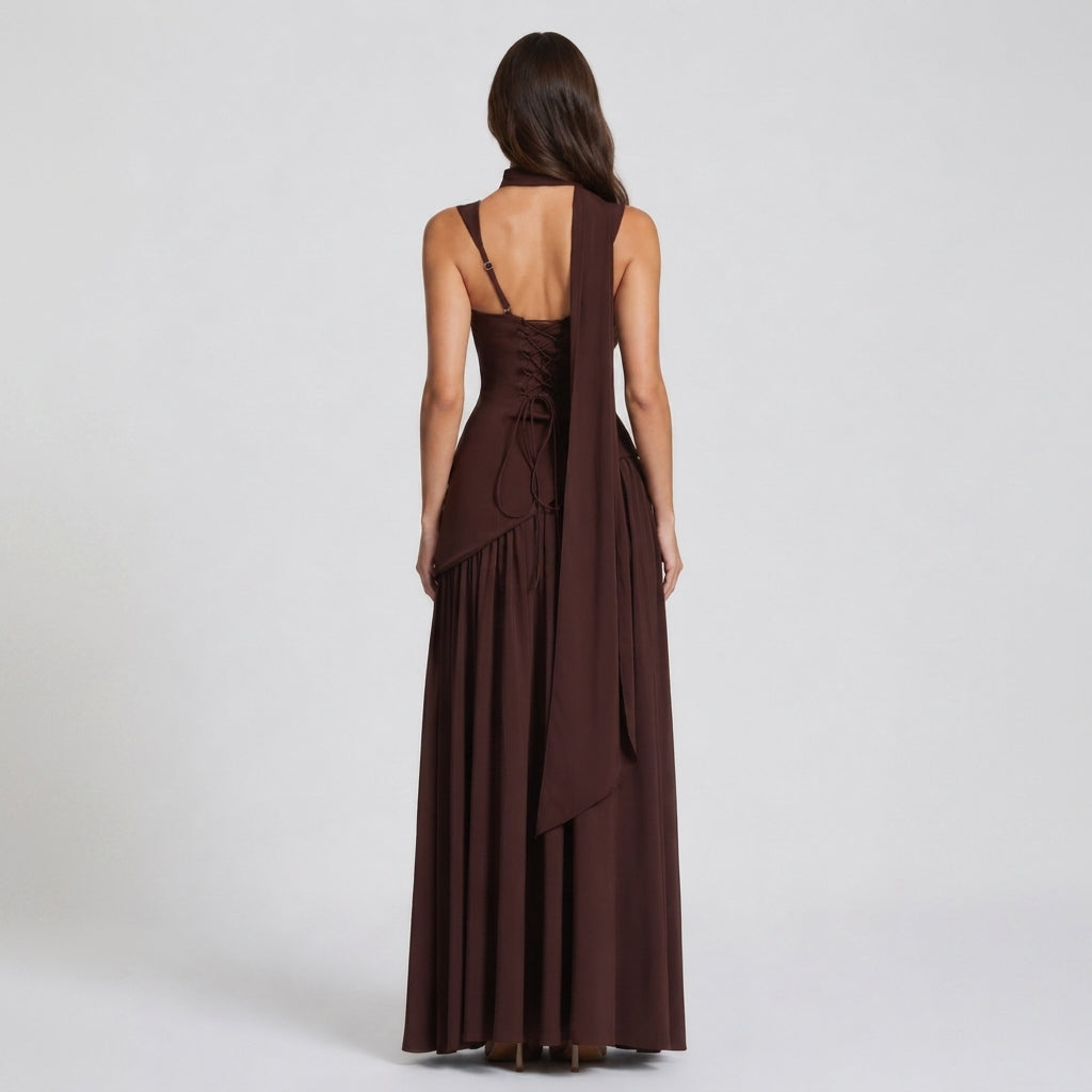 Satin Draped Maxi Dress Women Formal Side Slit Gown