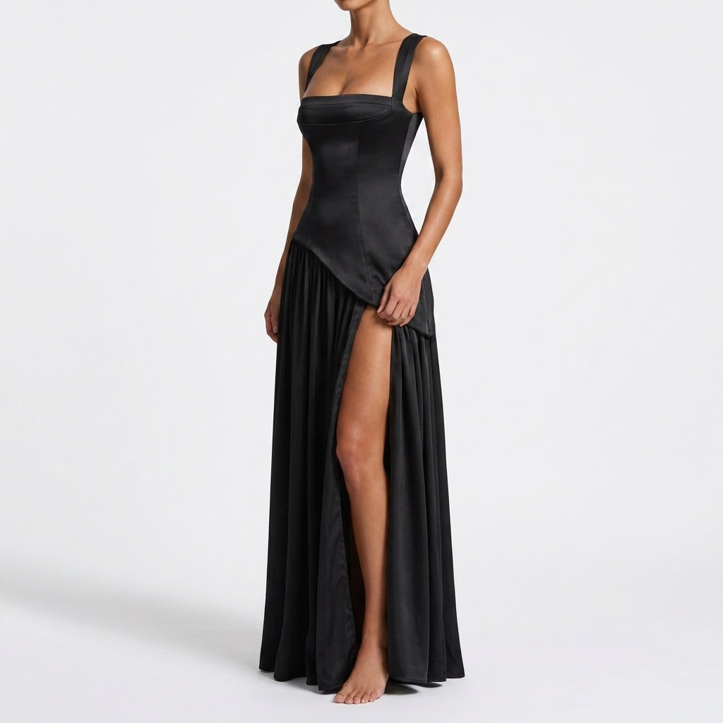 Satin Draped Maxi Dress Women Formal Side Slit Gown