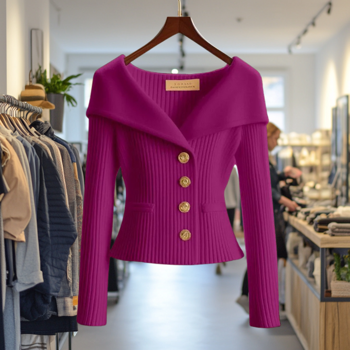 Womens Yellow Ribbed Knit Sweater Jacket with Wide Collar