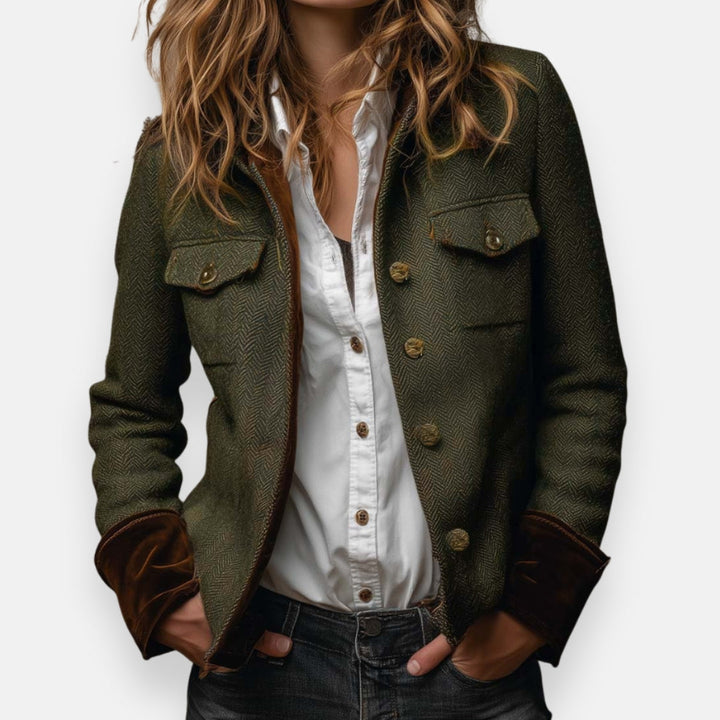 Women Herringbone Tweed Jacket Tailored Structured Blazer