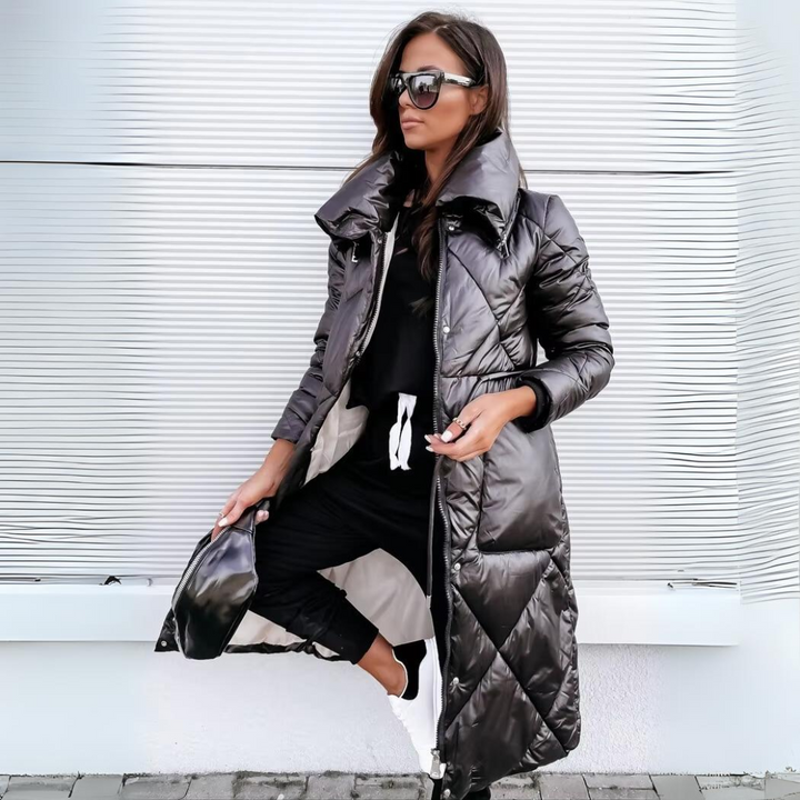 Women Quilted Puffer Coat Long Glossy Diamond Winter Jacket