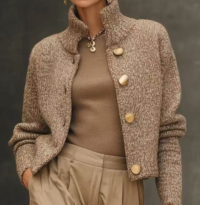 Womens Wool Blend Cropped Jacket Gold Button Cardigan