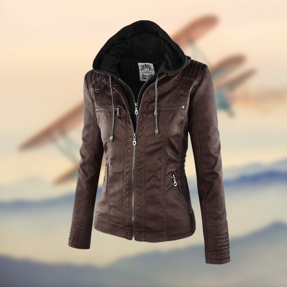 Women Faux Leather Hooded Moto Jacket Slim Fit