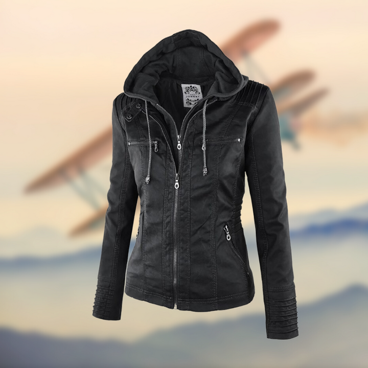 Women Faux Leather Hooded Moto Jacket Slim Fit
