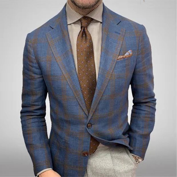 Mens Woven Blazer Notched Lapel Two Button Formal Jacket