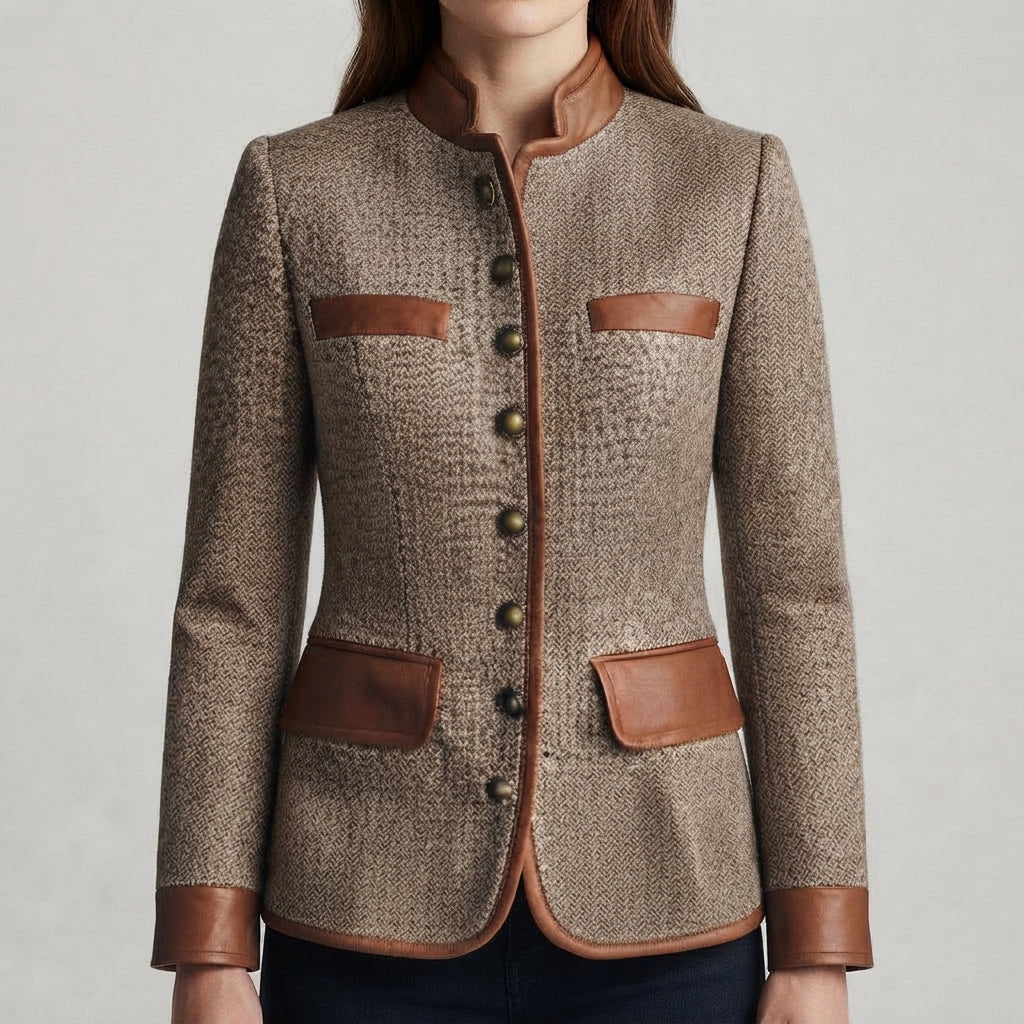Women Tweed Blazer Leather Trim Tailored Jacket