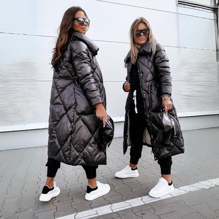 Women Quilted Puffer Coat Long Glossy Diamond Winter Jacket