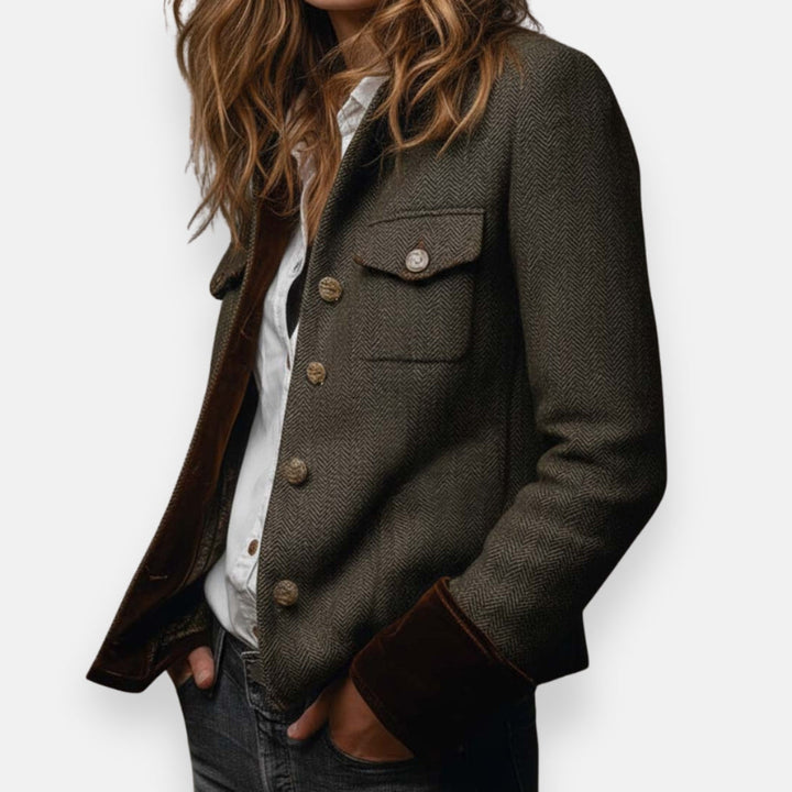 Women Herringbone Tweed Jacket Tailored Structured Blazer