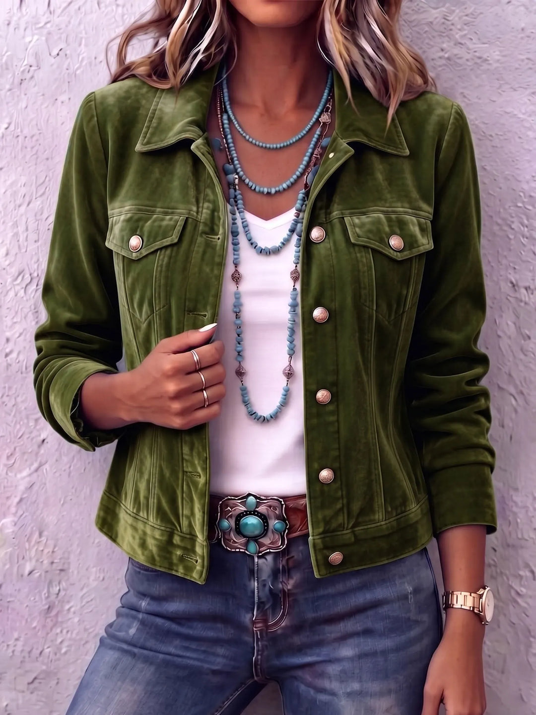 Womens Velvet Button Front Jacket Vintage Wash Style