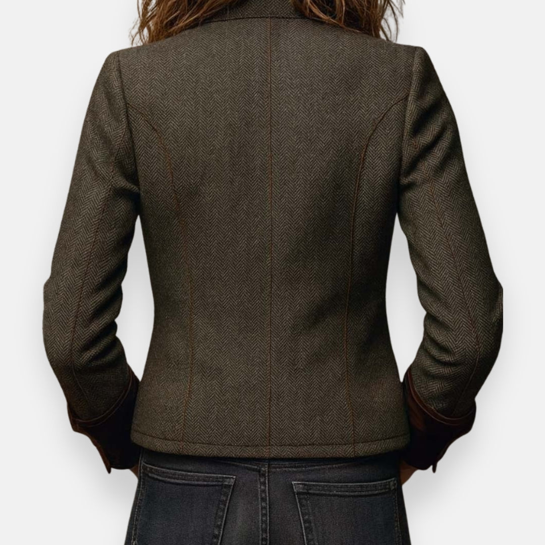 Women Herringbone Tweed Jacket Tailored Structured Blazer