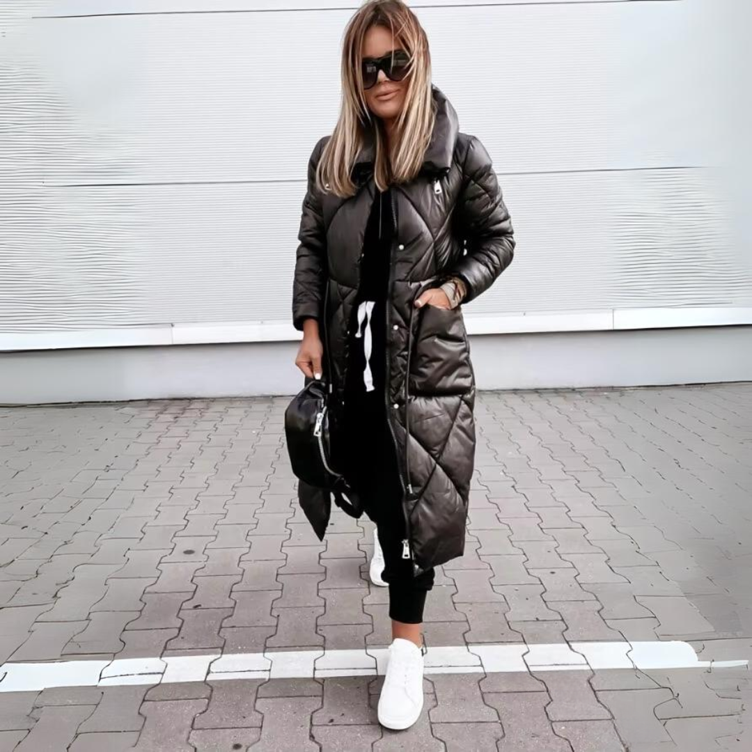 Women Quilted Puffer Coat Long Glossy Diamond Winter Jacket