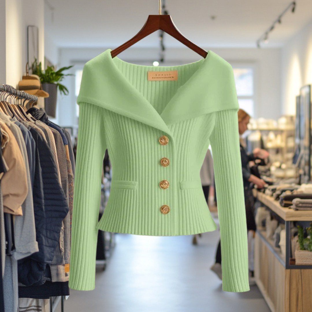 Womens Yellow Ribbed Knit Sweater Jacket with Wide Collar