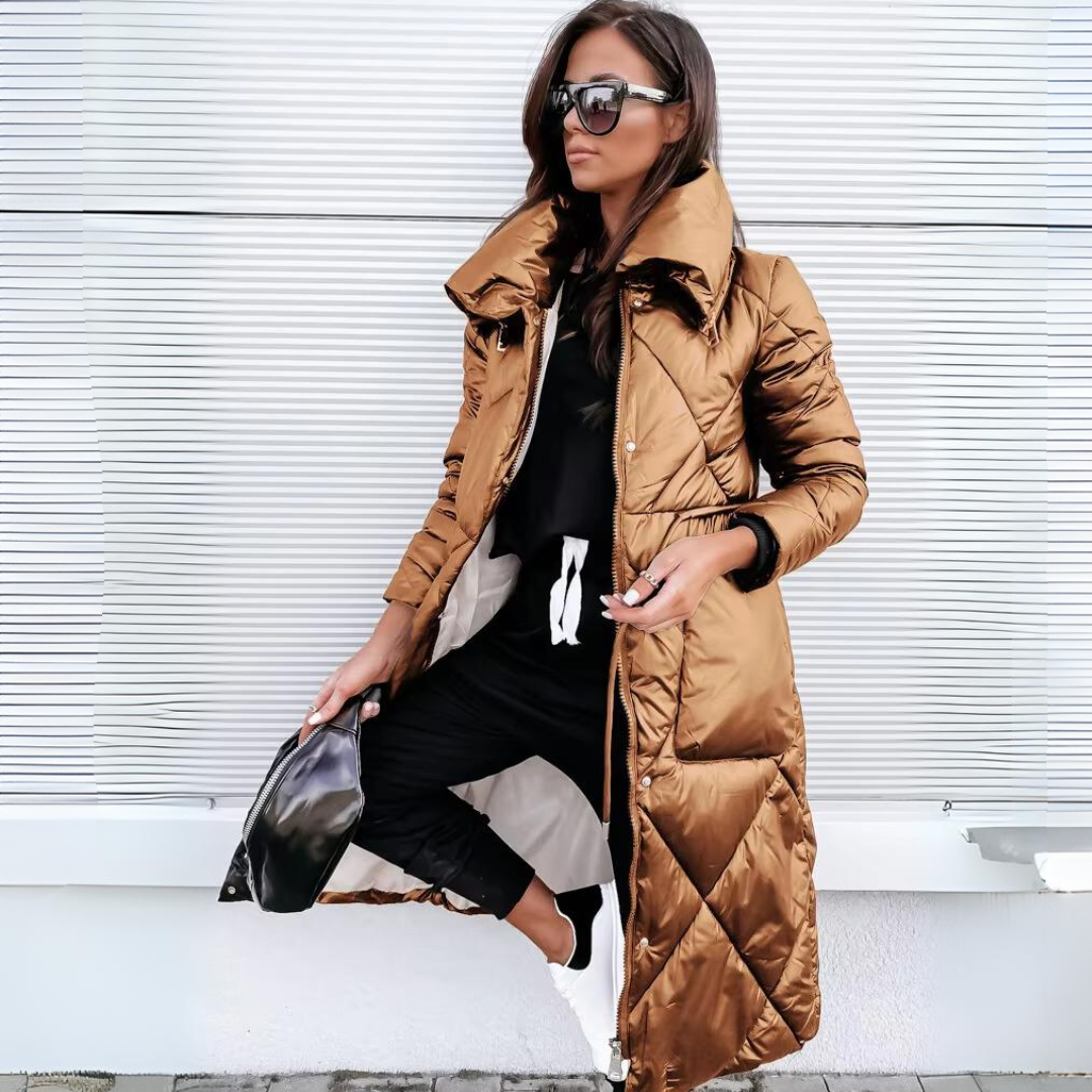 Women Quilted Puffer Coat Long Glossy Diamond Winter Jacket