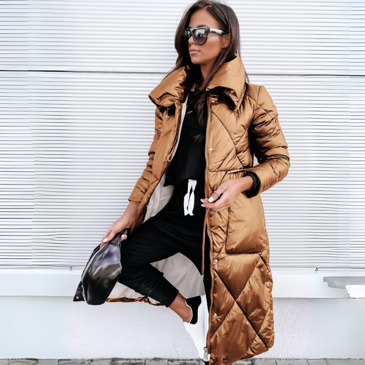 Women Quilted Puffer Coat Long Glossy Diamond Winter Jacket