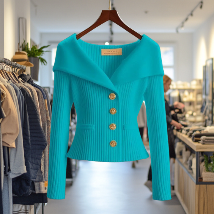 Womens Yellow Ribbed Knit Sweater Jacket with Wide Collar