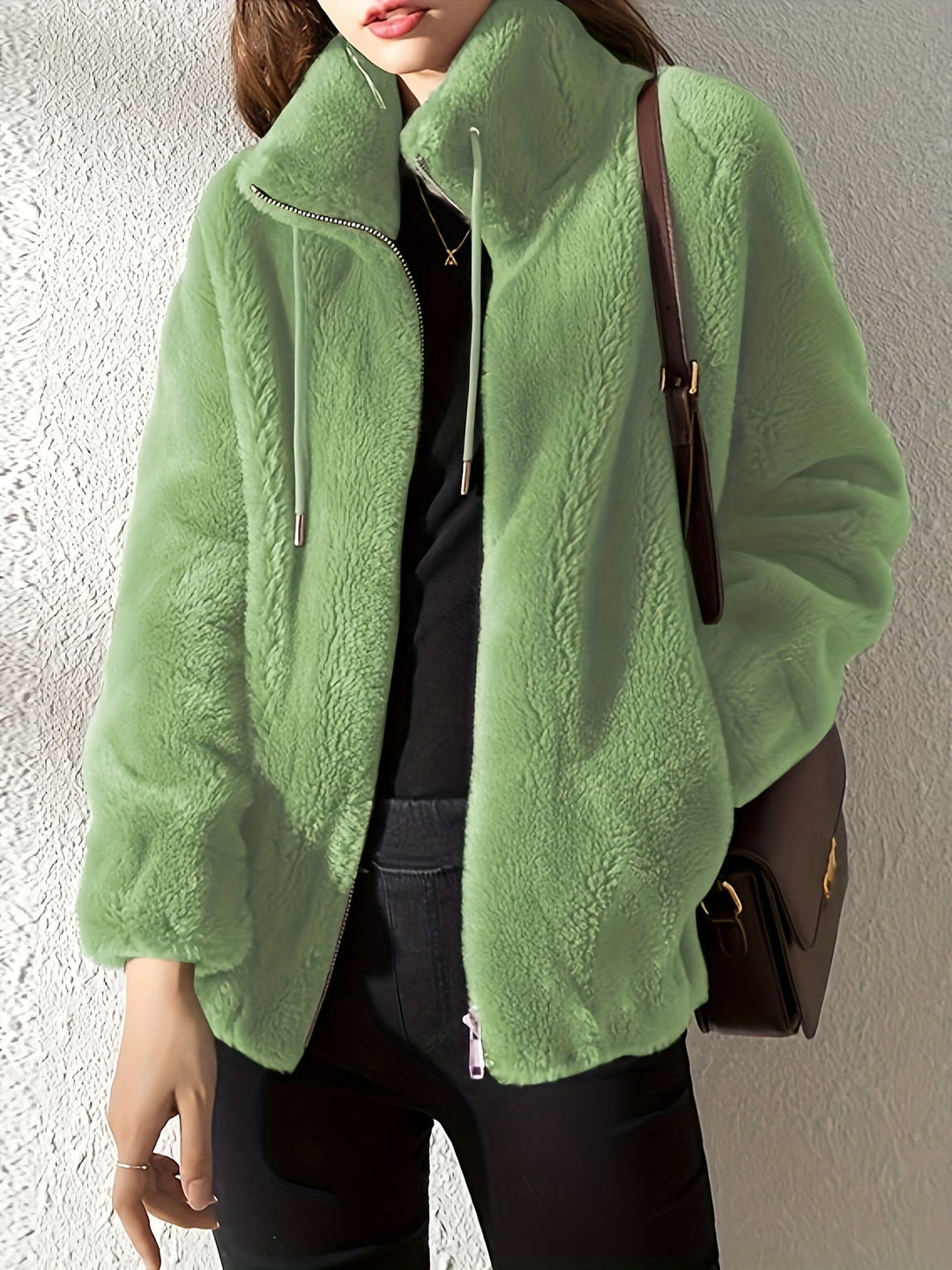 Women Plush Fleece Zip Up Jacket Stand Collar