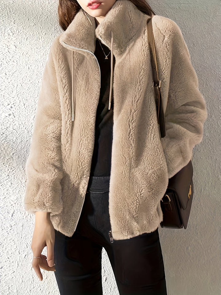 Women Plush Fleece Zip Up Jacket Stand Collar