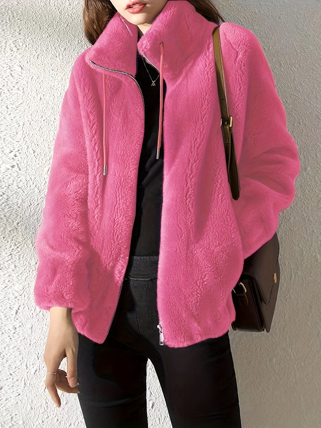 Women Plush Fleece Zip Up Jacket Stand Collar