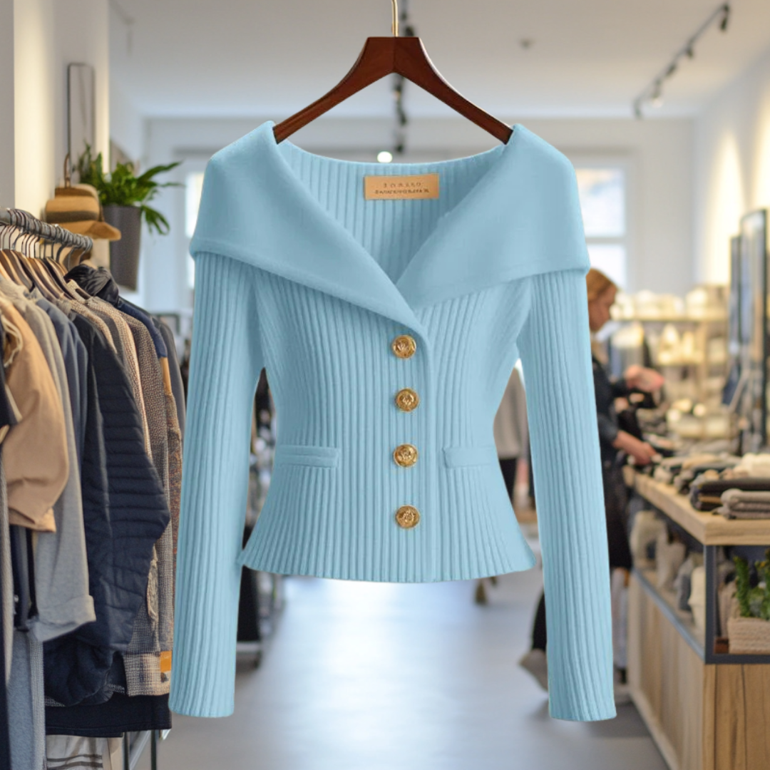 Womens Yellow Ribbed Knit Sweater Jacket with Wide Collar
