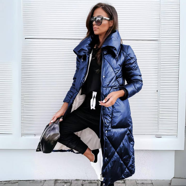 Women Quilted Puffer Coat Long Glossy Diamond Winter Jacket