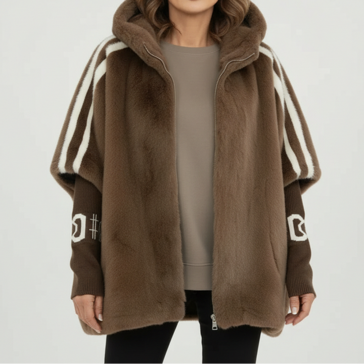 Womens Faux Fur Hooded Jacket Ribbed Knit Oversized
