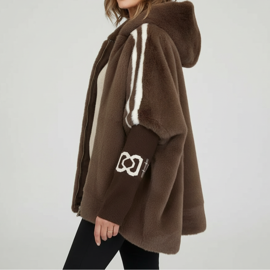 Womens Faux Fur Hooded Jacket Ribbed Knit Oversized