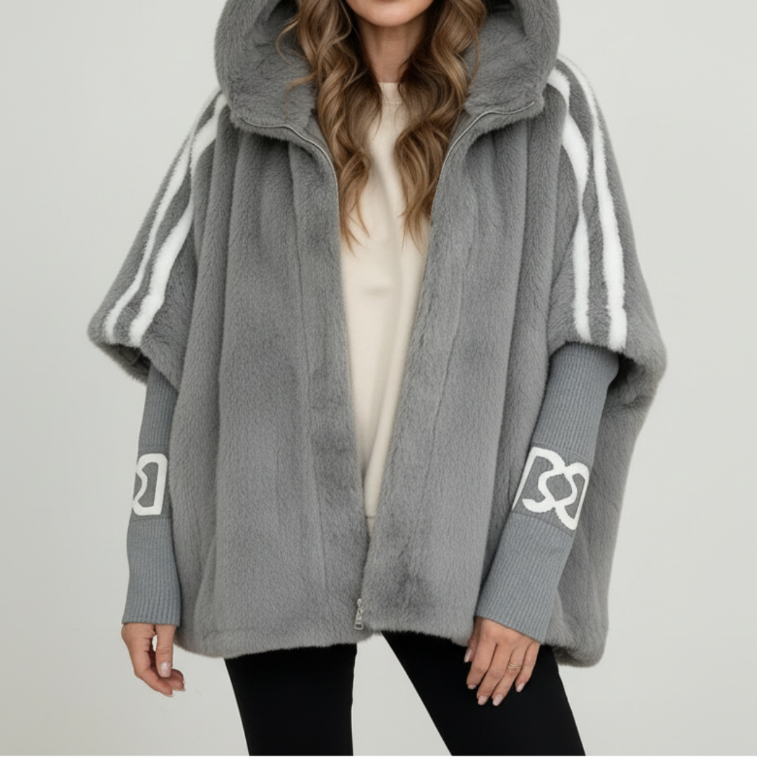 Womens Faux Fur Hooded Jacket Ribbed Knit Oversized