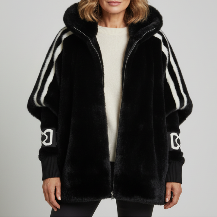 Womens Faux Fur Hooded Jacket Ribbed Knit Oversized