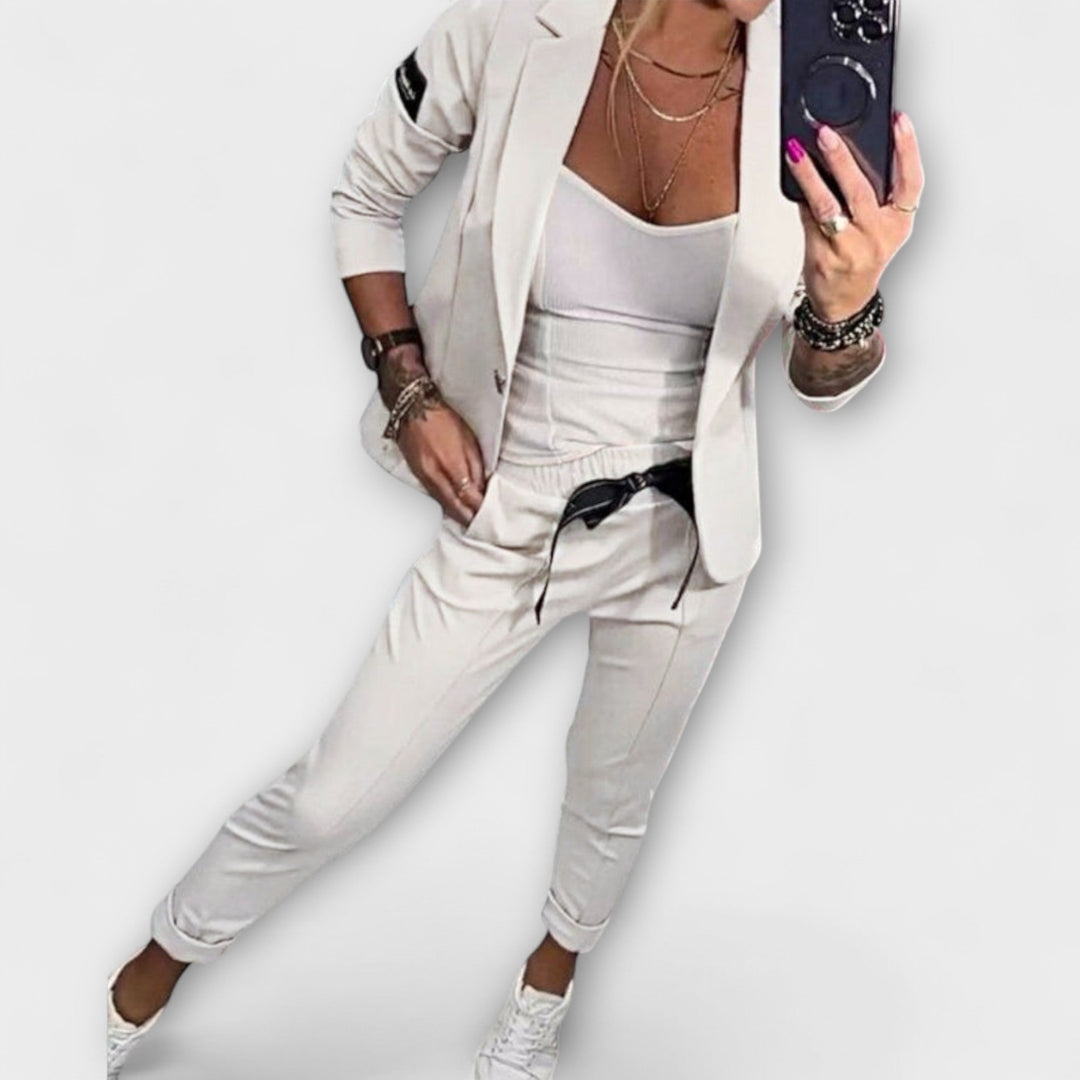 Women's Three Piece Blazer Jogger Set Brown