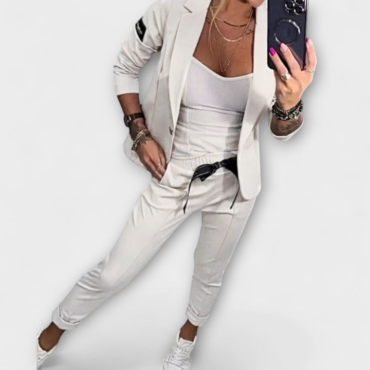 Women's Three Piece Blazer Jogger Set Brown