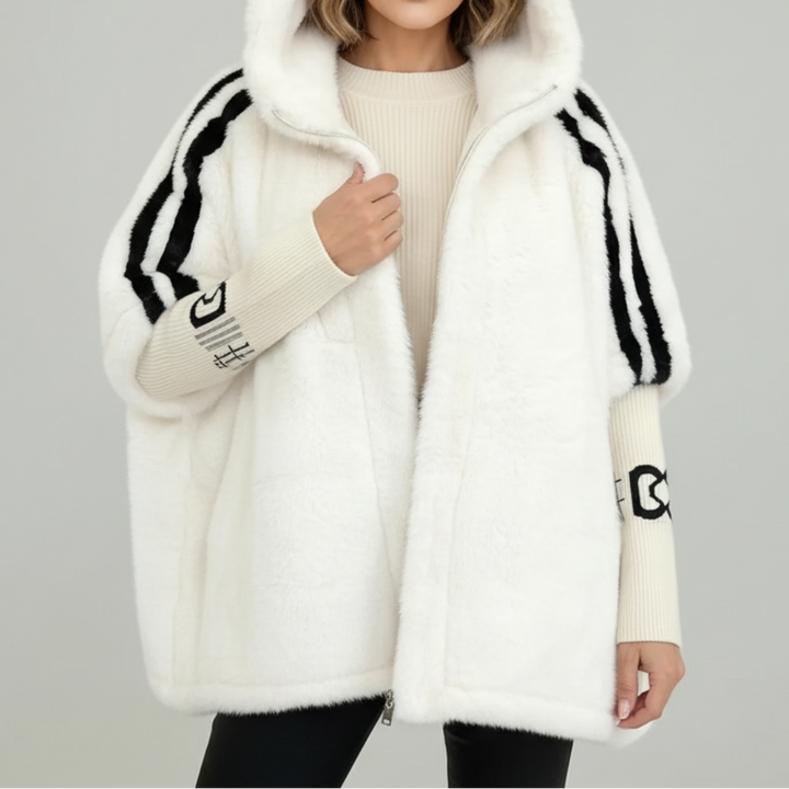 Womens Faux Fur Hooded Jacket Ribbed Knit Oversized