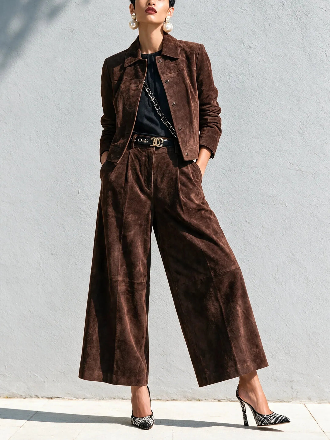 Women Faux Suede Wide Leg Pants Jacket Two Piece Set