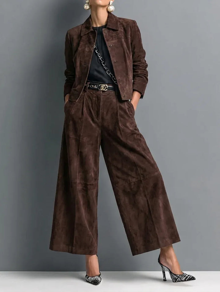 Women Faux Suede Wide Leg Pants Jacket Two Piece Set