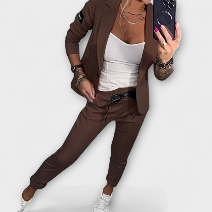 Women's Three Piece Blazer Jogger Set Brown