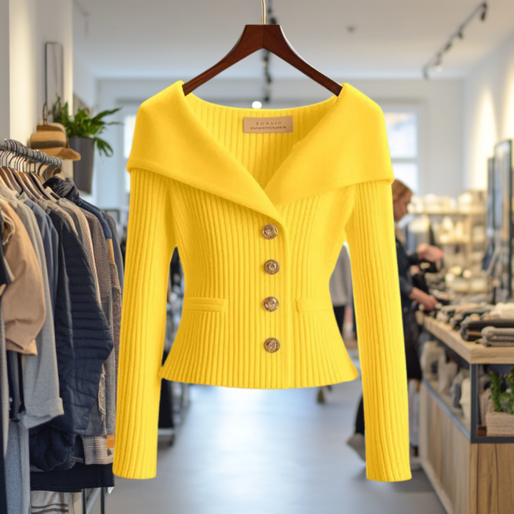 Womens Yellow Ribbed Knit Sweater Jacket with Wide Collar