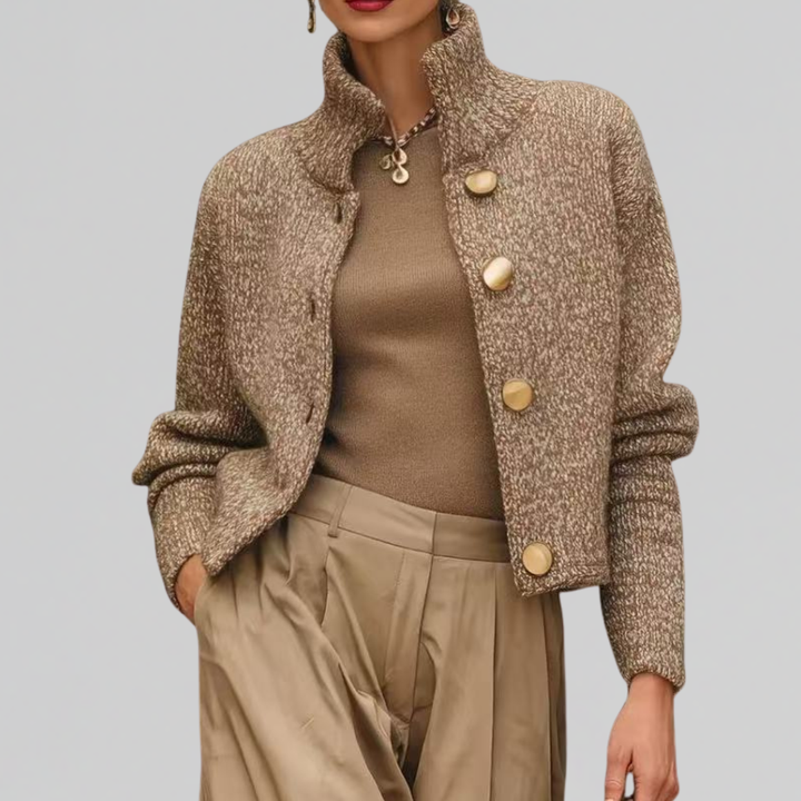 Womens Wool Blend Cropped Jacket Gold Button Cardigan