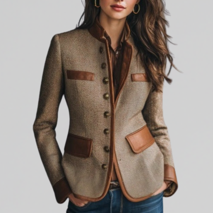 Women Tweed Blazer Leather Trim Tailored Jacket