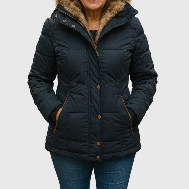 Womens Quilted Puffer Jacket Faux Fur Hood Winter Coat