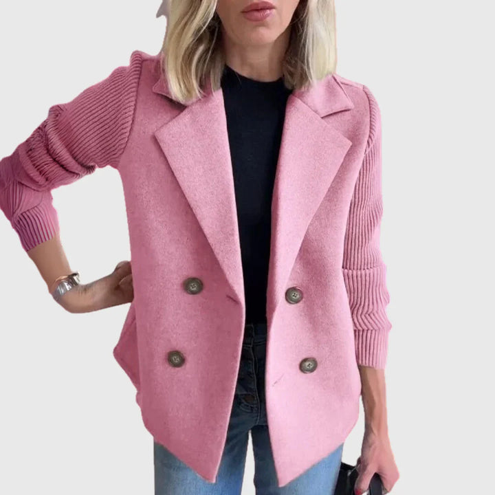 Womens Double Breasted Wool Blazer Contrast Knit Sleeves