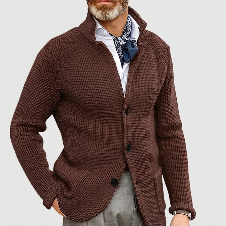 Mens Waffle Knit Cardigan Sweater Stand Collar Button Front