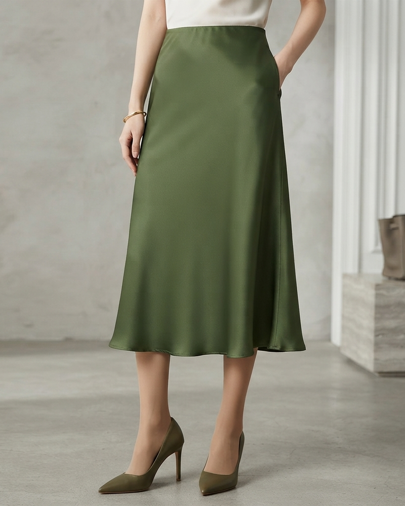 Satin Midi Skirt A-Line Side Zipper Mid-Calf Women