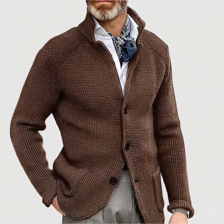 Mens Waffle Knit Cardigan Sweater Stand Collar Button Front